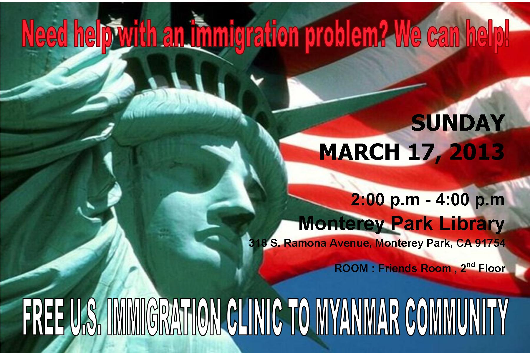 FREE U.S. Immigration Clinic To Myanmar Community – March 17, 2013
