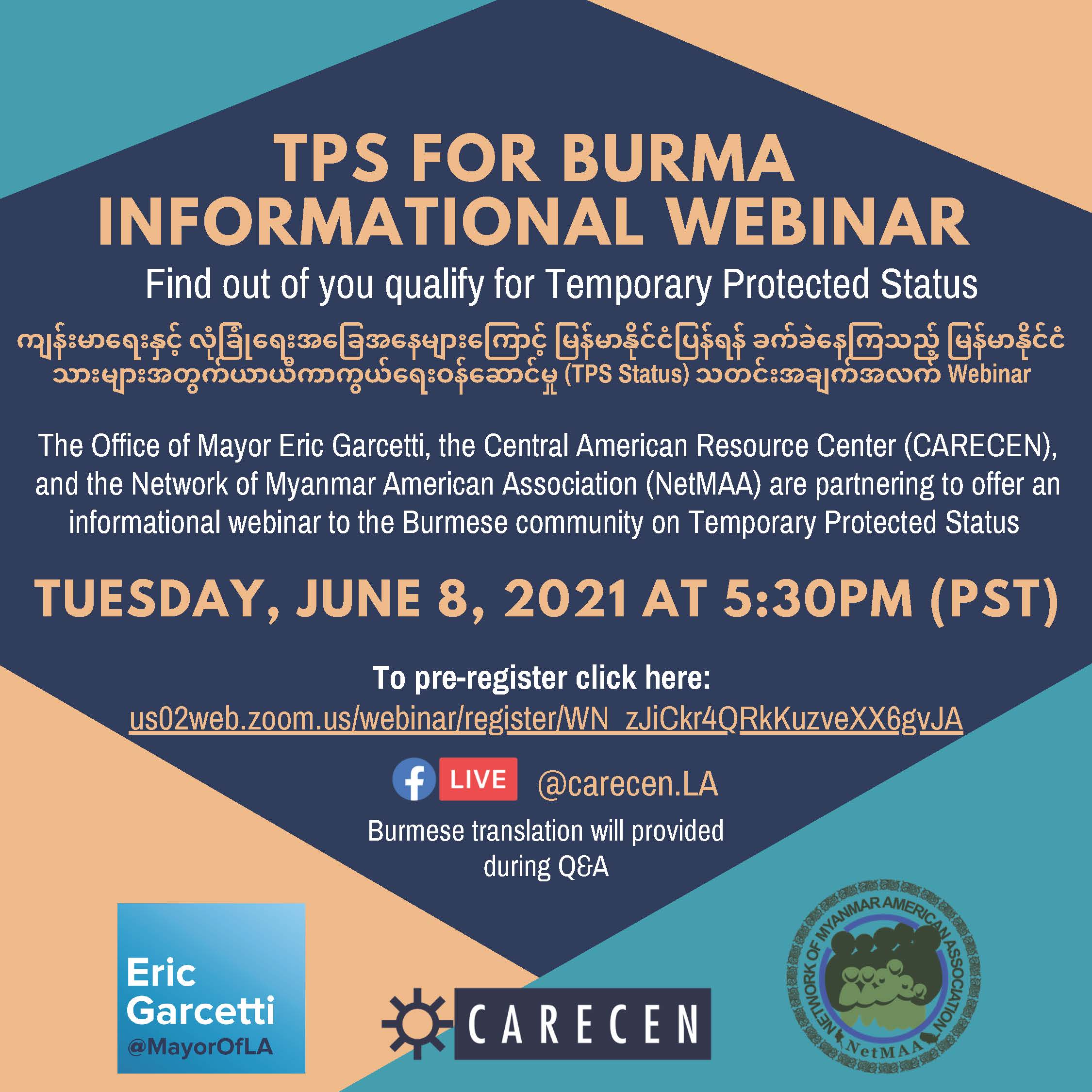 Save the Date: Temporary Protected Status (TPS) For Myanmar/Burma Informational Webinar June 8